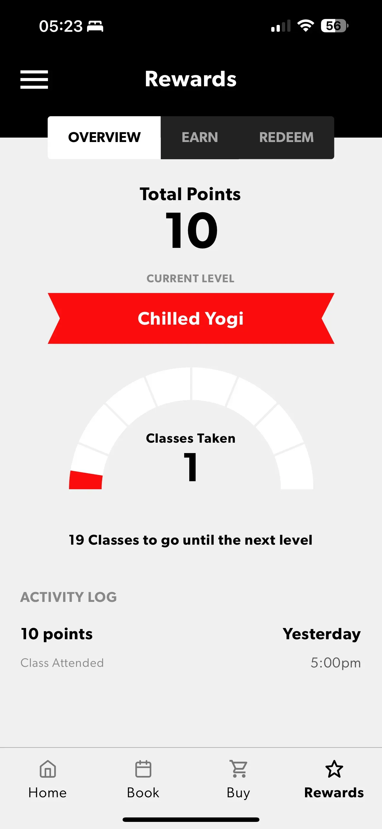Yoga app reward screen showing 'Chilled Yogi' title